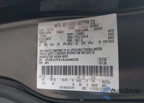 2010 Ford Explorer Limited из США, поврежденный, VIN 1FMEU7FE1AUA46335